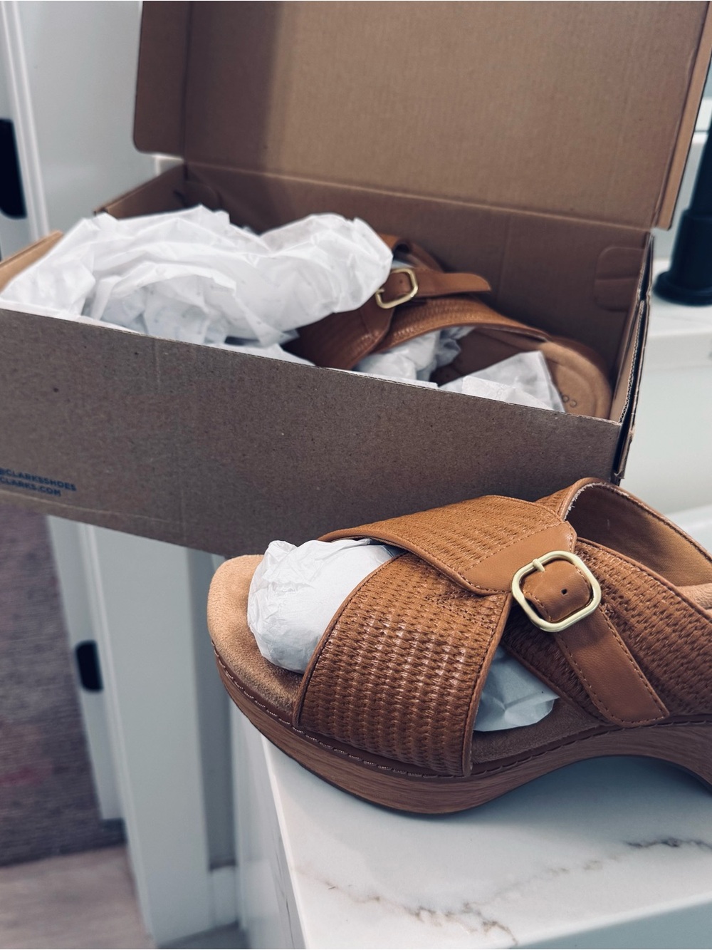 Tan Woven Slide Sandals with Gold Buckle 8w